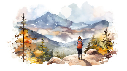 watercolor illustration of girl hiking on white background