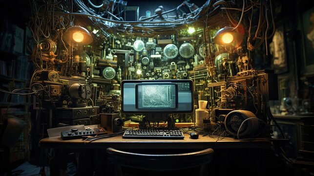 Investigate the historical evolution of digital technology with old computer tech. Created with Generative AI
