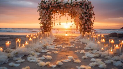 Decorative wedding ceremony at the beach with beautiful sunset view. - obrazy, fototapety, plakaty