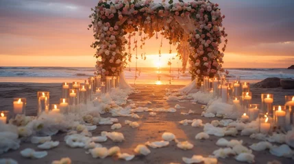 Foto op Canvas Decorative wedding ceremony at the beach with beautiful sunset view. © Alpa