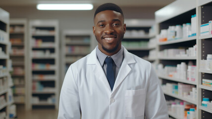 african male pharmacist standing by shelf at the pharmacy store.