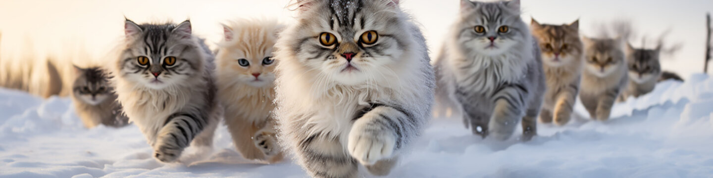 group of cats long narrow panoramic view in a dynamic pose running through fluffy snow, the onset of winter, December christmas nature