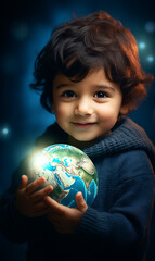 kleiner Junge h&auml;lt leuchtende Weltkugel