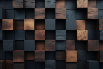 Abstract block stack wooden 3d cubes, black wood texture for backdrop - obrazy, fototapety, plakaty