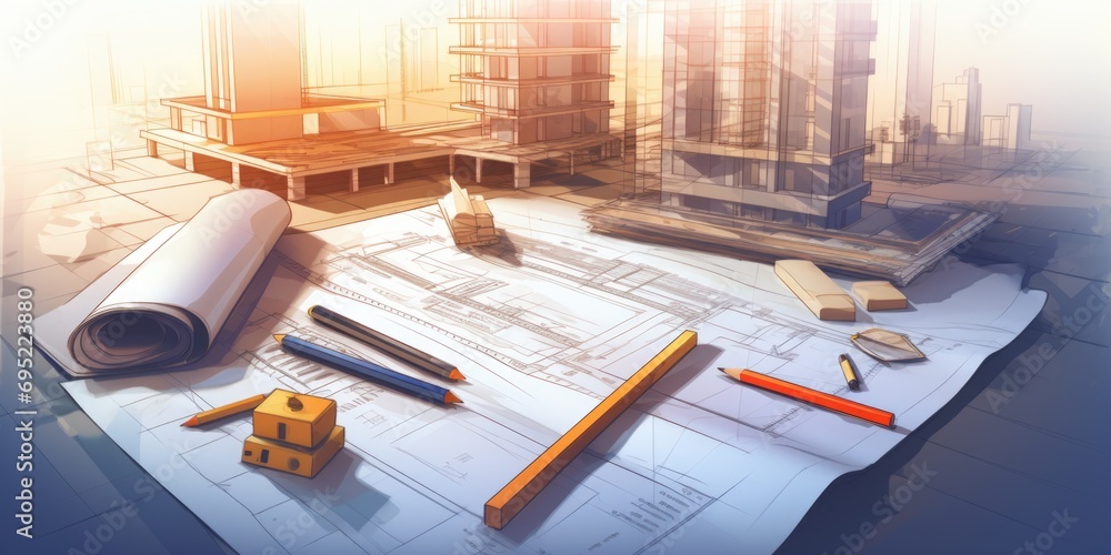 Poster a drawing of a house placed on top of construction plans. can be used to illustrate architectural co