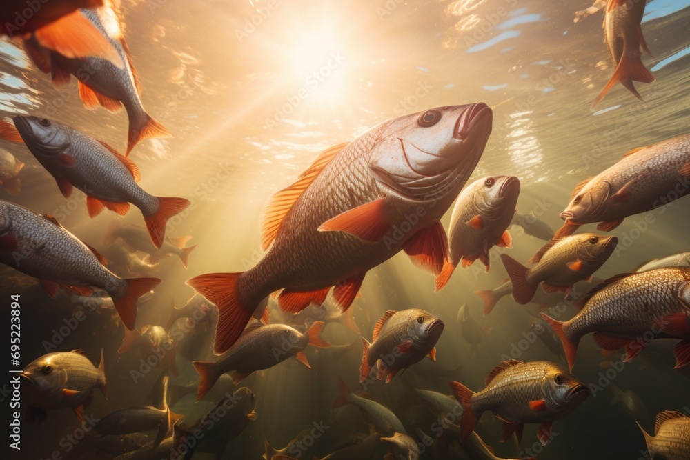 Poster A group of fish swimming together in clear water. Perfect for aquatic-themed projects or adding a touch of nature to your designs