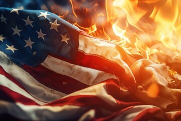 A close up view of an American flag engulfed in flames. This powerful image represents themes of protest, patriotism, and political unrest. - obrazy, fototapety, plakaty