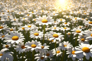 A 3D visualization of a field of daisies, with detailed petal and stem textures in the sunlight