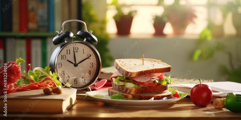 Poster a sandwich on a plate next to a clock. perfect for illustrating time management or mealtime concepts