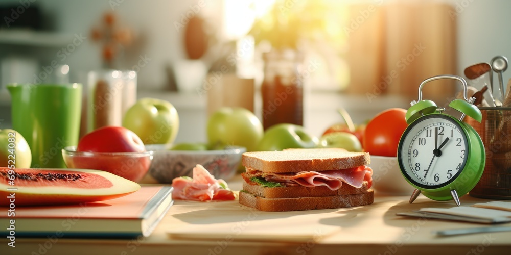 Poster a table with a sandwich and a clock placed on top. perfect for illustrating time management, mealtim