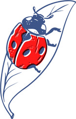Vector riso print style ladybug red crawling on leaf black lineart isolated on white background