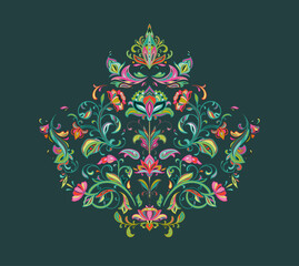 Vector oriental motif on green background. Beautiful paisley ornament.