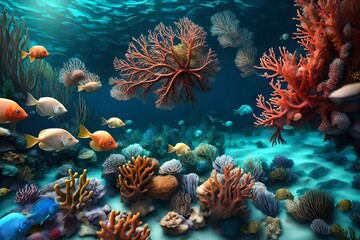 Naklejka na ściany i meble A 3D background of an underwater seascape, with coral textures and a variety of marine life
