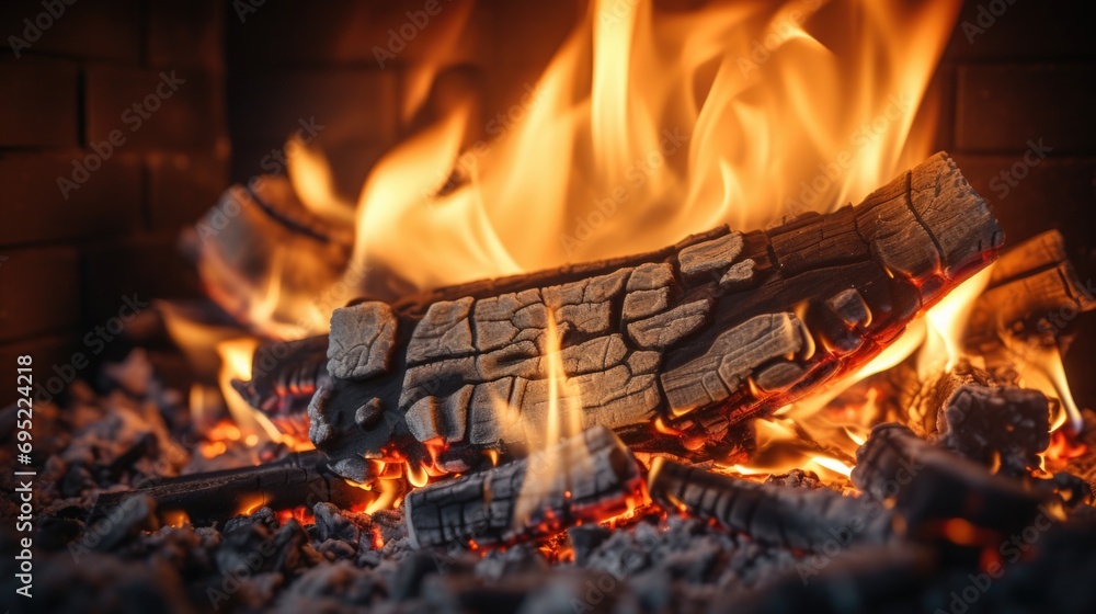 Poster a close-up view of a crackling fire in a fireplace. perfect for adding warmth and coziness to any pr