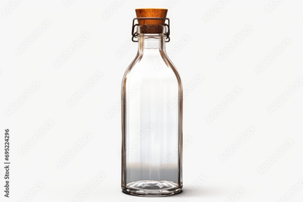 Poster A clear glass bottle with a cork stopper. Perfect for storing liquids or displaying small objects.