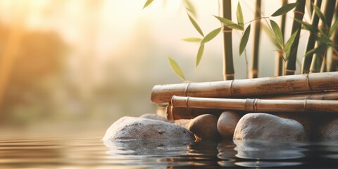 Close-up shot of rocks submerged in water with a bamboo plant in the background. Perfect for nature...