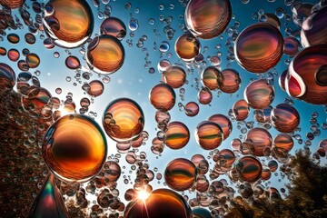 Prismatic bubbles reflecting a surreal dreamscape in mid-air.