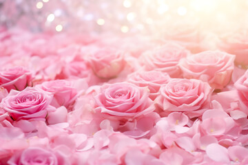 Abstract background, blur pink roses and rose petals.