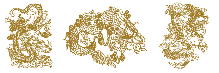 Japanese Oriental Pattern. Oriental Ornament Elements. Eastern Design Elements. Dragon Drawing. 