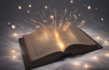 Open book with abstract light shining in the dark concept of literature and fairy tales from AI...