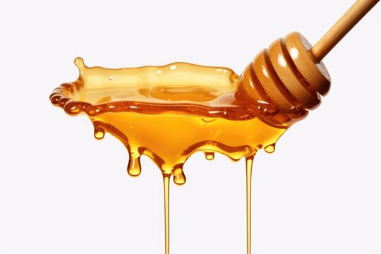 A close-up image of honey slowly dripping from a wooden spoon. Perfect for food and cooking related projects