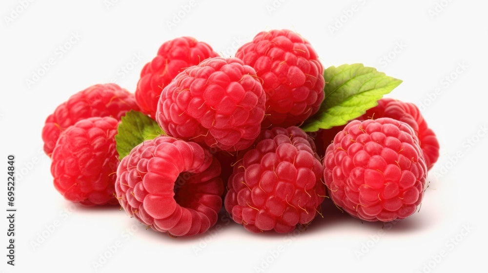 Poster a pile of raspberries on a white surface. ideal for food and dessert-related projects