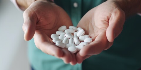 A person holding a handful of pills. This image can be used to illustrate medication, healthcare, or addiction topics - obrazy, fototapety, plakaty