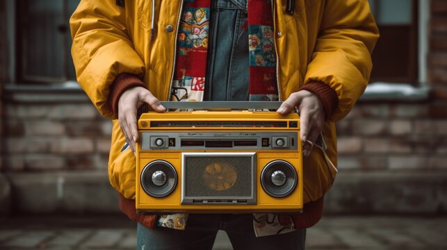 A man is seen holding a yellow jacket and a radio. This image can be used to depict outdoor activities, communication, or fashion