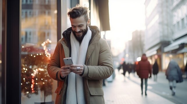 A man is walking down the street while looking at his phone. This image can be used to depict modern technology and communication in everyday life