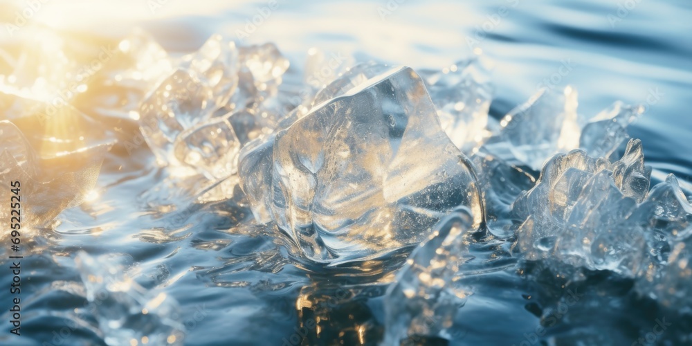Poster a collection of ice pieces floating on top of a body of water. this image captures the serene beauty