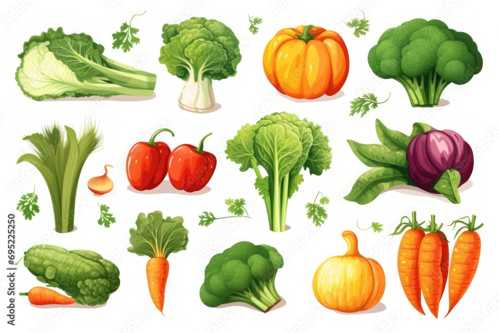 Poster a collection of various vegetables and fruits displayed on a clean white background. ideal for healt