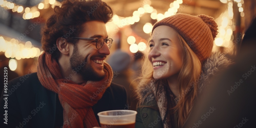 Poster A picture capturing a genuine moment of a man and a woman smiling at each other. Suitable for various uses