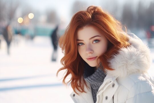 A woman with vibrant red hair is stylishly dressed in a white jacket. This image can be used to depict fashion, style, or a confident and modern woman