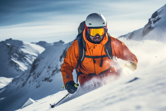 A man is pictured skiing down a snow covered slope. This image can be used to depict winter sports and outdoor activities