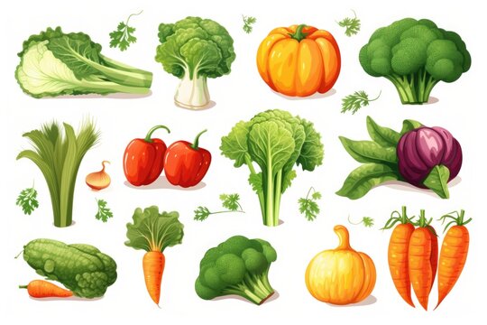 A collection of various vegetables and fruits displayed on a clean white background. Ideal for healthy eating concepts and food-related designs