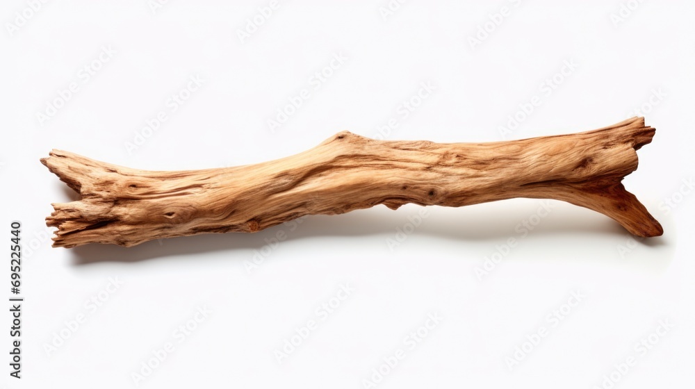 Poster a piece of driftwood resting on a clean, white surface. suitable for various design projects