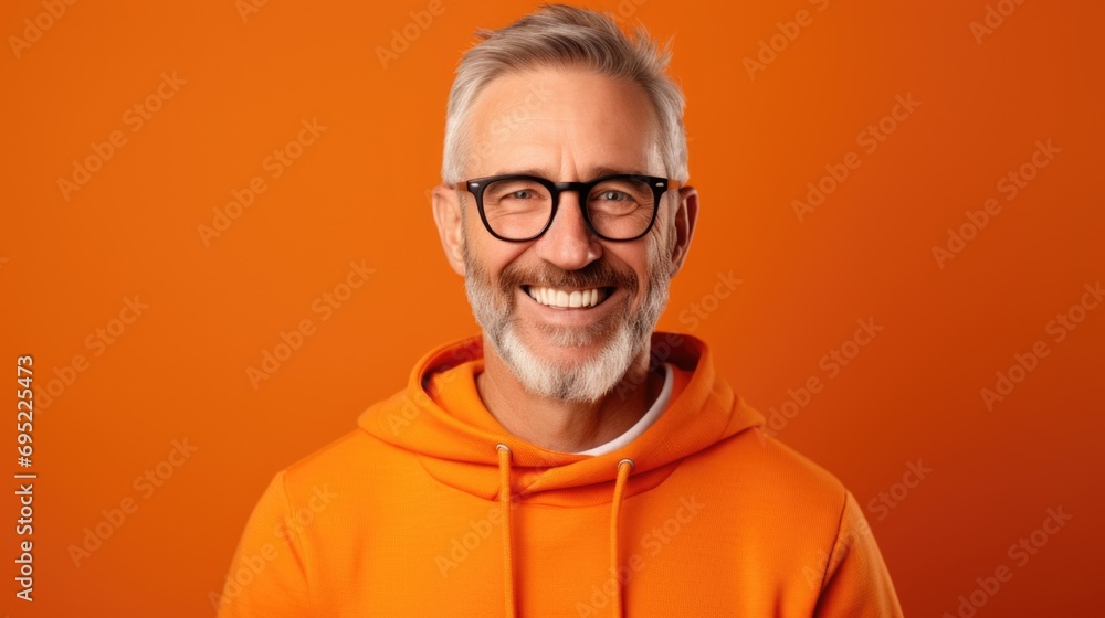 Poster a man wearing an orange hoodie smiles directly at the camera. this image can be used to portray happ