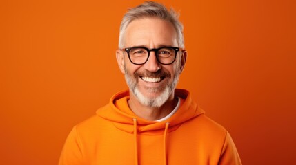Obraz premium A man wearing an orange hoodie smiles directly at the camera. This image can be used to portray happiness, friendliness, or casual fashion