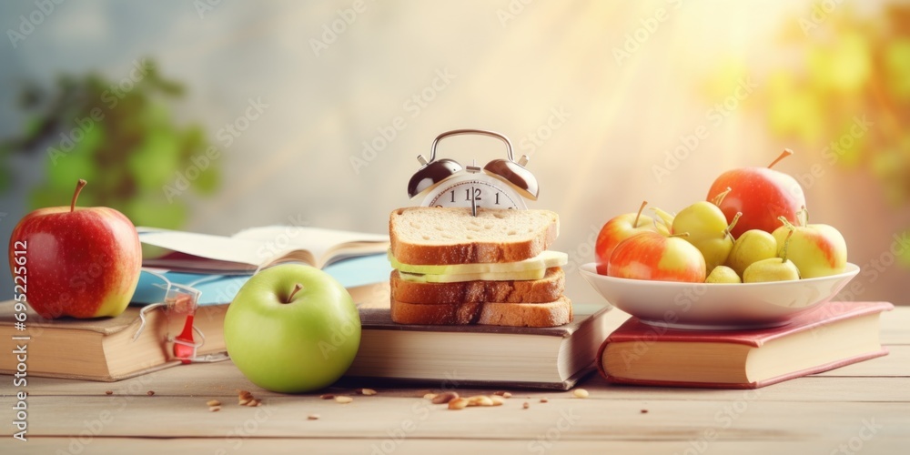 Poster A stack of books with an alarm clock on top. Perfect for illustrating the concept of time management and studying