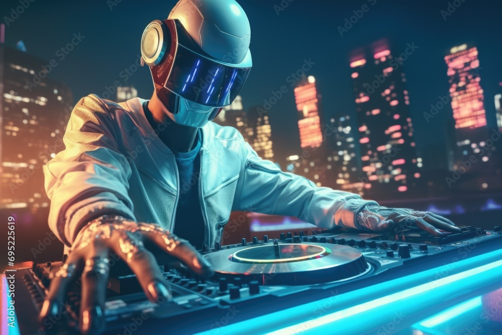 Poster A man wearing a helmet is playing music on a turntable. This image can be used to illustrate the concept of DJing or enjoying music