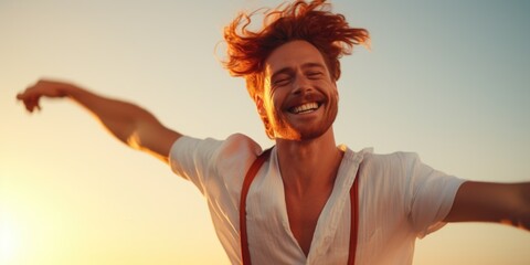 A man with red hair and suspenders wearing a smile. Perfect for adding a friendly and approachable touch to any project