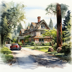 Watercolor painting of an old American house in the park with the car. 