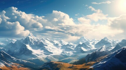 A breathtaking view of a mountain range with snow-capped peaks. Ideal for travel and adventure-themed projects