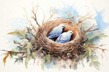 Naklejka na ściany i meble Two pigeons in the nest on a white background. Watercolor painting. 