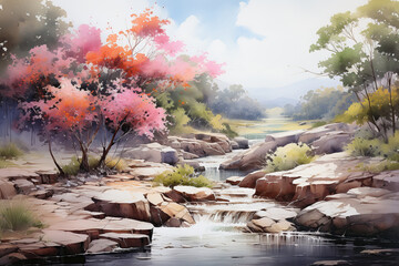 Watercolor painting of a beautiful landscape with mountains, rivers, and sky.  - obrazy, fototapety, plakaty