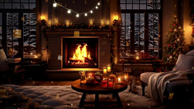fireplace with christmas tree, loop video background animation, cartoon anime style, for vtuber / streamer backdrop