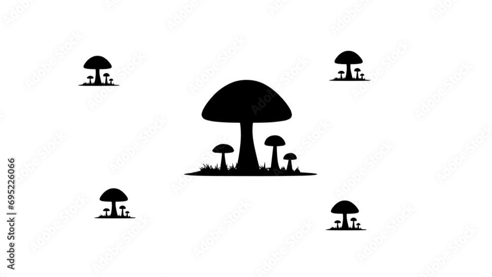 Poster zoom in and out animation the mushrooms symbol. large black symbol in the center and four small symb