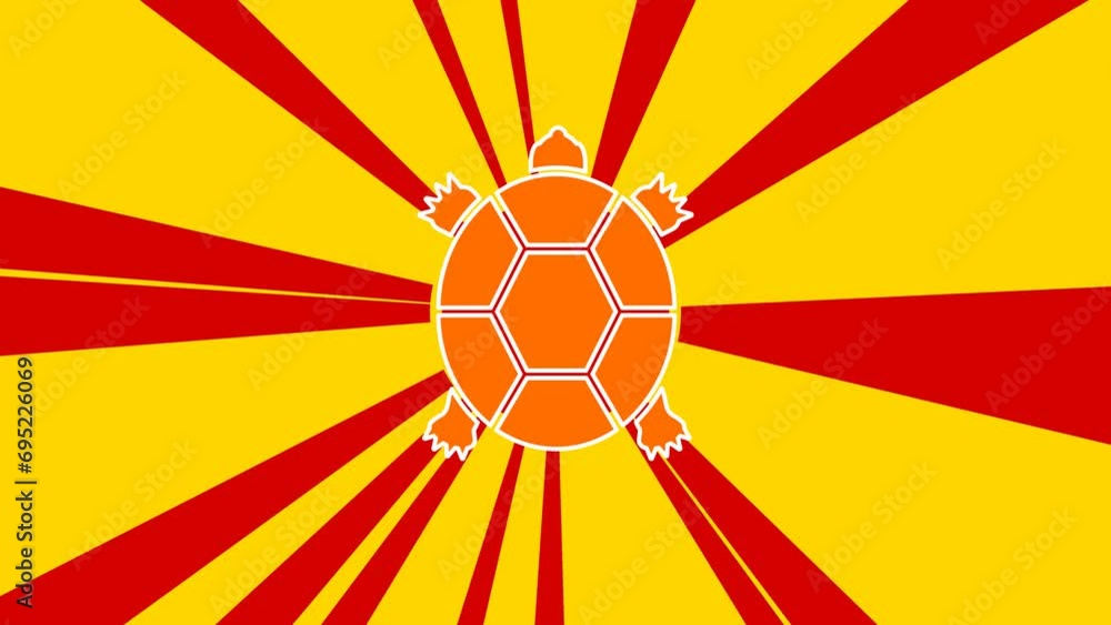 Poster turtle symbol on the background of animation from moving rays of the sun. large orange symbol increa