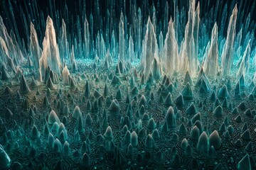 Ripples of energy vibrating through a field of luminescent crystals.
