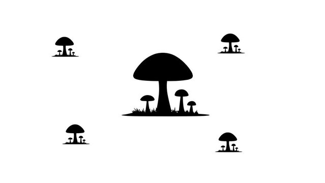 Zoom in and out animation the mushrooms symbol. Large black symbol in the center and four small symbols around. Seamless looped 4k animation on white background